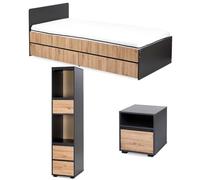 Mon Mobilier Design Dalia Chambre Enfant Adolescent avec lit, Chevet, Etagère Anthracite/Chêne