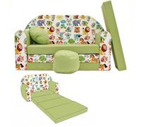 Mon Mobilier Design Nino Canapé Convertible lit pour Enfant avec Pouf et Coussin Oeko-TEX Animaux Vert