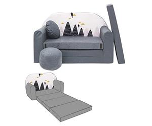 Mon Mobilier Design Nino Canapé Convertible lit pour Enfant avec Pouf et Coussin Oeko-TEX Montagnes Gris