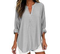 Mon Panier HUIFUAO T-Shirts Blancs à col en V en Coton et Lin pour Femmes, Hauts d'été à Manches Longues avec imprimé Floral, Hauts Basiques Noirs pour Femmes, Gris A01., M