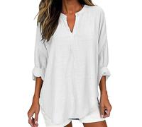 Mon Panier HUIFUAO T-Shirts Blancs à col en V en Coton et Lin pour Femmes, Hauts d'été à Manches Longues avec imprimé Floral, Hauts Basiques Noirs pour Femmes, A01 Blanc, S