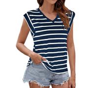 Mon Panier HUIFUAO T-Shirts pour Femmes T-Shirt rayé débardeur pour Femmes Hauts sans Manches pour Femmes col Rond d'été élégant Blanc t-Shirts pour Femmes, Z03 Bleu Marine, L