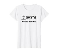 Mon Pire Cauchemar : Batterie chargée, Faible Charge, Pas de WiFi, drôle T-Shirt Graphique avec Valeur, Femme, Blanc, S