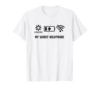 Mon Pire Cauchemar : Batterie chargée, Faible Charge, Pas de WiFi, drôle T-Shirt Graphique avec Valeur, Homme, Blanc, XL