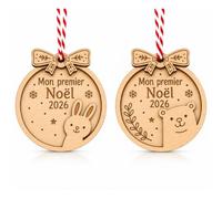 Mon Premier Noel, 2 Boules de Noël en Bois 2026 Lapin et Ours pour Bébé | Décorations 3D de 10 cm avec cordons rouges et blancs, pour le sapin et les cadeaux de noël originaux