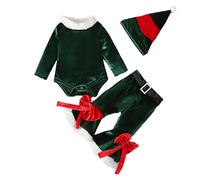 Mon premier Noël Nouveau-né Bébé Fille Tenue de Noël Barboteuse Manches Longues Pantalon Évasé Ensemble Bonnet 3 Pièces Automne Hiver Vêtements, vert, 0-3 mois