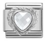 Mon & Sons Breloque en forme de cœur en forme de cœur, date, mois, naissance, anniversaire, pierre de naissance or, cristal, argent, maillons italiens de 9 mm, bracelet en acier inoxydable compatible