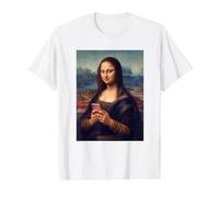 Mona Lisa envoyant des SMS drôles d’Art T-Shirt Graphique avec Valeur, Homme, Blanc, M