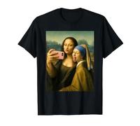 Mona Lisa Selfie avec Boucle d'oreille en Perles Fille Art T-Shirt Graphique avec Valeur, Homme, Noir, M