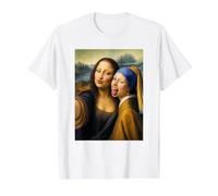 Mona Lisa Selfie Fille avec Boucle d'oreille en Perle Art T-Shirt Graphique avec Valeur, Homme, Blanc, L