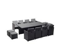 MONACO 12 - Salon de jardin encastrable 12 places fauteuils et poufs en résine tressée noir et gris