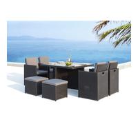 MONACO 8 - Salon de jardin encastrable 8 places fauteuils et poufs en résine tressée noir et gris