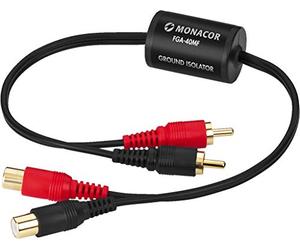 MONACOR Filtre de séparation de masse professionnel FGA-40MF, petit modèle, pour éviter les interférences de signal et les boucles de bourdonnement, 2 prises RCA et 2 fiches, noir, 21.3050