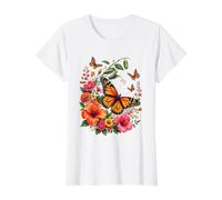 Monarque Papillon Métamorphose Chenille Floral Nature T-Shirt Graphique avec Valeur, Femme, Blanc, S