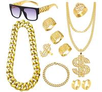 MONAZEO Kit de costume hip-hop des années 80 et 90 pour homme - Lunettes de soleil rappeur, chaîne, bracelet, signe dollar - Collier - Bague Kanji - Décorations de fête d'Halloween