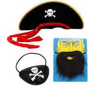 MonBrm Lot de 3 accessoires de pirate, chapeau de pirate, masque pour les yeux et barbe, costume de capitaine pirate, thème pirate, adulte et enfant, jeu de rôle