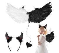 MONCAP 2 Pièces Costume Halloween Ange et Démon Déguisement Diablesse pour Fille avec Serre-Tête Corne de Diable Aile d'Ange Costume Noire Blanche pour Halloween Carnaval Mascarad Anniversaire