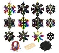 MONCAP 48pcs Snowflake Scratch Art Noël Black Magic Scratch Paper Rainbow DIY Scratch Card avec 12pcs stylet en bois et 50pcs Ruban pour Filles Garçons Projet d'Artisanat Noël Sac de Remplissage