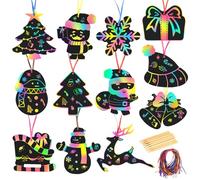 MONCAP 48STK Noël Papier à gratter Noël Images à gratter Arc-en-Ciel Scratch Art Noël Kit de Bricolage pour Enfants avec Crayons en Bois Rubans pour décoration de Noël Décoration d'hiver Fête Cadeaux