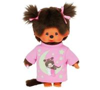 Sekiguchi 223732 - Fille Monchhichi Originale, en Peluche Marron, avec Chemise de Nuit Rose, éléments phosphorescents et nattes avec nœuds, Hauteur 20 cm Environ.