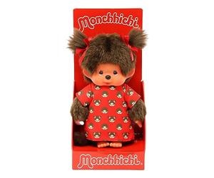 Monchichi Meisje 20cm Rood Jurkje met Print, Marron