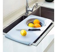 MondayUp Planche à découper 2 en 1 sur l'évier avec passoire universelle innovante et multifonctions, planche à découper pour évier et ustensiles de cuisine - 50 cm 28,5 cm