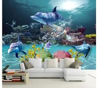 Monde Sous Marin Bleu En Tridimensionnel Avec Dauphins Et Coraux Papier Peint 3D Installation Facile Intissé Tapisserie Bureau Salon Canapé Chambre Décoration Murale-250cm×170cm