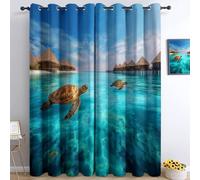 Monde Sous-Marin Lot De 2 Rideaux Occultant Bungalow Sur Pilotis Tortues Marines Rideau à Oeillets, Vert Salon Rideaux Isolation Thermique Occultants pour Chambre Salon Maison Bureau L 140 X H 260 cm