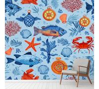 Monde Sous Marin Poisson Crabe Adhesif Papier Peint, Dessin Animé Corail Murale, Nature Animaux Vinyle Resistant a l'eau poster Wallpaper Pour Meuble Chambre, Salon Décoration Mural 366x254 cm
