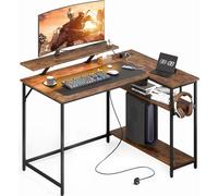 Mondeer 120*90cm Bureau d'angle L-Shape Bande lumineuse RGB Prise d'alimentation USB Support d'écran Couleur bois brûlé