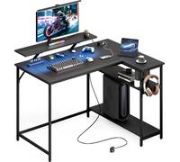 Mondeer 120*90cm L-Shape Bureau d'angle, bande lumineuse RGB Prise d'alimentation USB Support d'écran