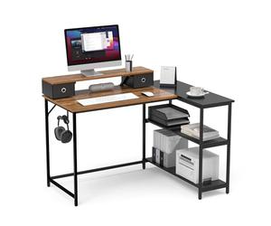 Mondeer 120cm Bureau d'angle avec Support de Moniteur,Tiroirs,Marron Noir
