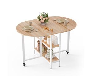 Mondeer 120cm Table à Manger Pliable,Table de Cuisine pour Petits Espaces | Ovale Table Rabattable Extensible, Etagères de Rangement,Avec Roues,2 à 4 Personnes,Moderne,Chêne et Blanc