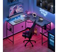 Mondeer 130*130cm Bureau d'angle en forme de L Barre lumineuse RGB Prise électrique alimentée par USB Cadre métallique Support d'écran amovible Étagère de rangement Noir