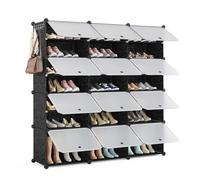 Mondeer Armoire à Chaussures, Étagère à Chaussures en Plastique , 42 Paires de chaussures avec Portes -12cubes-124x32x125cm-Noir