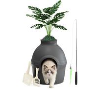 Mondeer Bac à litière caché avec plante artificielle, maison chat 2en1 avec filtre charbon, 2 pelles+canne à pêche télescopique,Noir