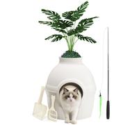 Mondeer Bac à litière caché avec plante artificielle,maison chat 2en1 avec filtre charbon, 2 pelles+canne à pêche télescopique,Blanc