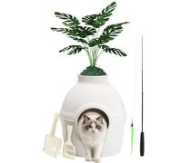Mondeer Bac à Litière pour Chat avec Fausse Plante, Toilettes cachées pour Chats avec 2 Pelle, Jouet à Plumes pour Chats, pour Salon Chambre à Coucher Coins (Blanc)