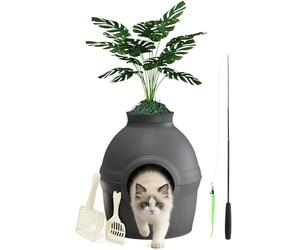Mondeer Bac à Litière pour Chat avec Fausse Plante, Toilettes cachées pour Chats avec 2 Pelle, Jouet à Plumes pour Chats, pour Salon Chambre à Coucher Coins (Noir)