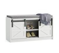 Mondeer Banc à Chaussures avec Porte de Grange Coulissante, Meuble à Chaussures avec Coussin Rembourré, pour Entrée Couloir Chambre, 90 x 45 x 35 cm, Blanc
