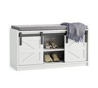 Mondeer Banc à Chaussures avec Porte de Grange Coulissante, Meuble à Chaussures avec Coussin Rembourré, pour Entrée Couloir Chambre, 90 x 45 x 35 cm, Blanc