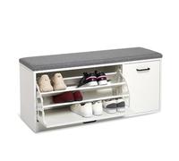 Mondeer Banc Chaussures entrée, 2 espaces Rangement, Blanc, 100x30x46 cm | A gauche, coffre avec 3 étagères pour chaussures. A droite, espace pour bottines.Assise rembourrée.Entrée,salon, couloir.