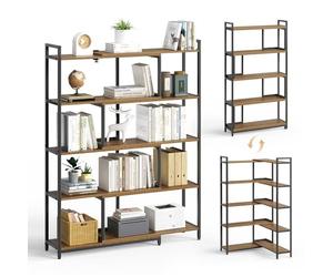 Mondeer Bibliothèque Vintage Marron, Bois et Métal, 5 étagères, Largeur Ajustable de 80 à 146 cm, Rangement Droit ou d'angle pour Salon Bureau