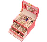 Mondeer Boîte à Bijoux, Boîte a Bijoux Cadeau, Rangement Boîte à Maquillage, Boite a Bijoux de Voyage à 3 Couches en Simili Cuir, avec 2 Tiroirs, Miroir et Serrure (Rose)