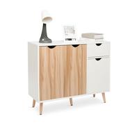 Mondeer buffet de cuisine, meuble rangement cuisine bas 1 tiroir et 3 portes salle à manger/chambre/salon,90x30x73 cm,chêne et blanc