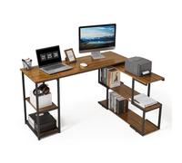 Mondeer Bureau Informatique, Bureau d'Ordinateur avec Étagère Rangement à Pivotante à 360 Degrés et Étagère Réglables, Gain d’Espace pour Bureau et Salle d‘Etude, 135x110x75cm, Marron Rustique
