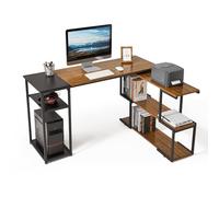 Mondeer Bureau Informatique, Bureau d'Ordinateur avec Étagère Rangement à Pivotante à 360 Degrés et Étagère Réglables, Gain d’Espace pour Bureau et Salle d‘Etude, 135x110x75cm, Marron Rustique et Noir
