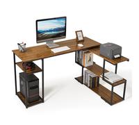 Mondeer Bureau Informatique, Bureau d'Ordinateur avec Étagère Rangement à Pivotante à 360 Degrés et Étagère Réglables, Gain d’Espace pour Bureau et Salle d‘Etude, 135x110x75cm, Marron Rustique