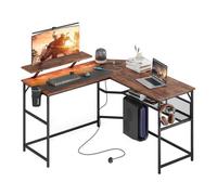 Mondeer Bureau d'angle en L avec prises multiples, bureau d'ordinateur LED avec support d'écran et prise USB - Marron