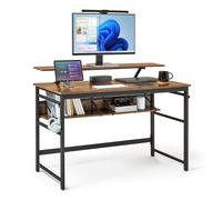 Mondeer Bureau Informatique, Bureau d'Ordinateur avec Réglable Support de Moniteur et 2 Étagères Rangement, pour Etude Bureaux Salle d‘Etude, 120 x 60 x 90 cm, Marron Rustique